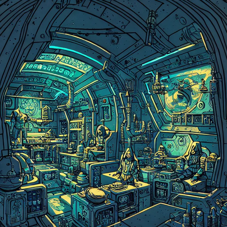 Prompt: ancient alchemist wizards laboratory inside of a spaceship, high details, lineart, by vincent di fate, inking, 3 color screen print, masterpiece, trending on artstation, sharp, high contrast, hyper - detailed, hd, 4 k, 8 k