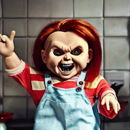 Image similar to chucky the killer doll standing on the kitchen table