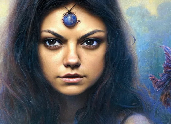 Image similar to Mila Kunis staring into the camera, misty wisps, Lilia Alvarado, Sophie Anderson, Mark Arian, Bob Byerley, Charlie Bowater, Mark Brooks, Steve Henderson, Justin Gerard, Arthur Hughes, Edward Robert Hughes, Mark Keathley, Victor Nizovtsev, Carlos Shwabe, Ross Tran, WLOP