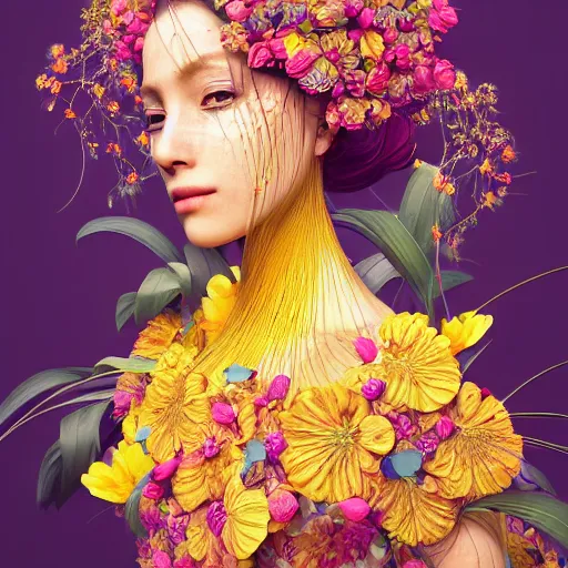 Image similar to the portrait of an absurdly beautiful, graceful, elegant woman made of bananas and petals, an ultrafine detailed illustration by irakli nadar, naoki ikushima, mika iizuka, intricate linework, bright colors, final fantasy, behance contest winner, angular, unreal engine 5 highly rendered, global illumination, radiant light, detailed and intricate environment