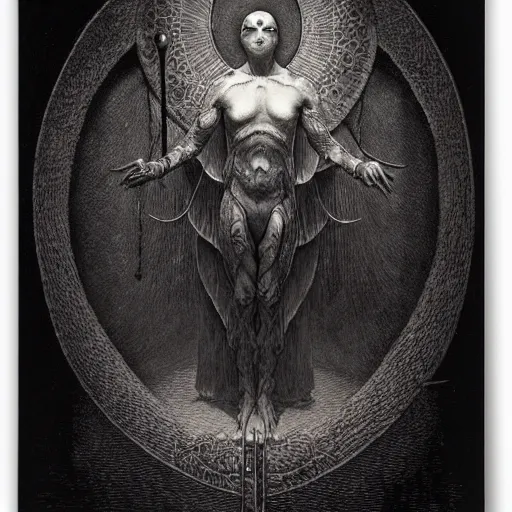 Image similar to ruler of the cosmic shadow realm, detailed, cgi, dark atmosphere, horror, by gustave dore, by emil melmoth, trippy, epic, symmetrical - h 8 3 3