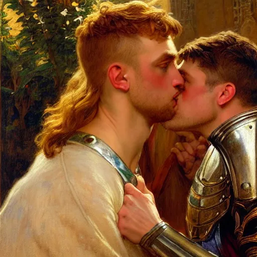 Prompt: attractive arthur pendragon confesses his love for his attractive male knight. highly detailed painting by gaston bussiere and j. c. leyendecker 8 k