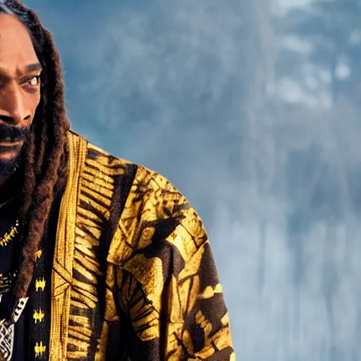 Image similar to film still of Snoop Dogg as T’Chala in the new Black Panther movie