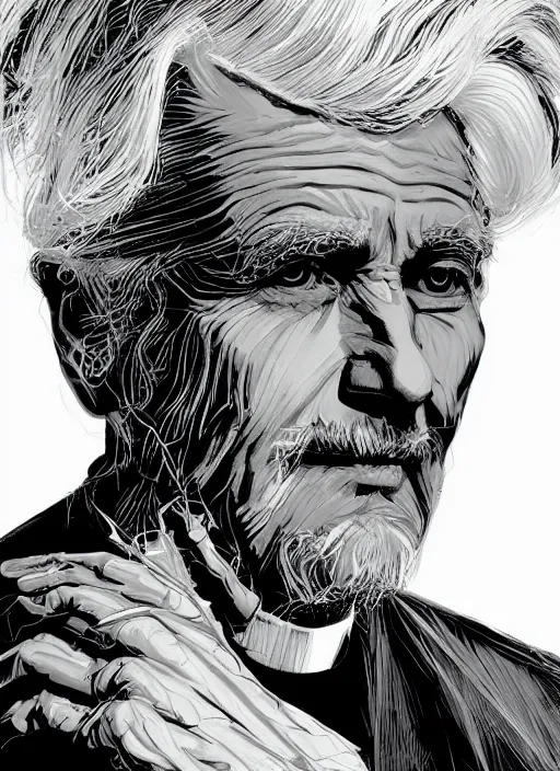 Prompt: an old chaplain with white hair, old priest wearing black clothes, backcombed white hair. art by martin ansin, martin ansin artwork. portrait.