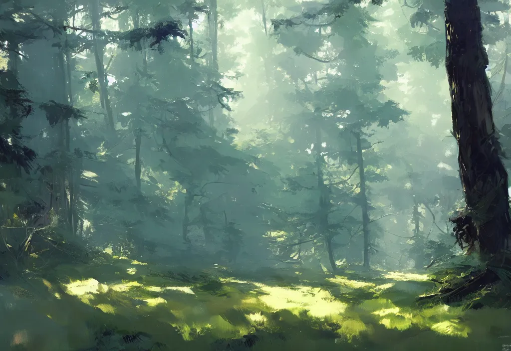 Image similar to greg manchess painting of a forest landscape, painting, trending on artstation, by ismail inceoglu and craig mullins