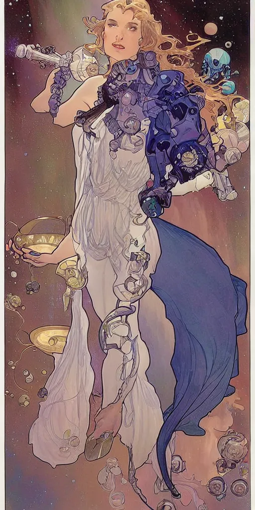 Image similar to a woman wearing outer space as a dress, pouring water from a vase into the milky way, by travis charest, by alphonse mucha, battle chasers.