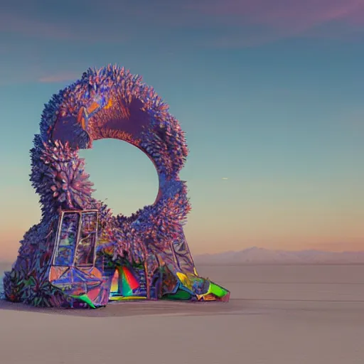 Image similar to highly detailed 3d render of burning man festival sculpture in the shape of cornflowers by Beeple