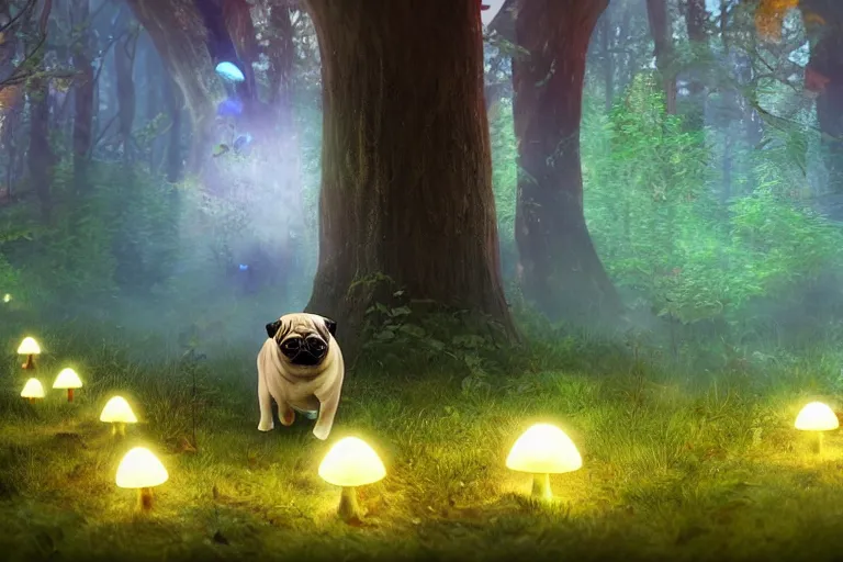 Image similar to A Pug walking in an enchanted fantasy forest. Glowing mushrooms. Colorful. Cinematic lighting. Photorealism.