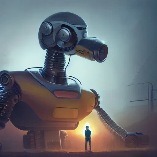 Image similar to viktor orban protecting people from robots in a painting from stalenhag, 4 k, 8 k, hdr, artstation, concept art