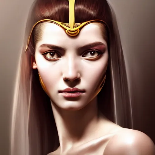 Image similar to high-quality beautifully done centered portrait of a pretty female from an Ancient Egypt::trending on artstation, featured on behance::art by Artgerm and Alessio Albi and Heather Theurer::natural lighting, identical eyes, beautiful eyes medium shot, slender symmetrical face and body, hyper-detailed, single face, insanely detailed and intricate, 4K, 8K