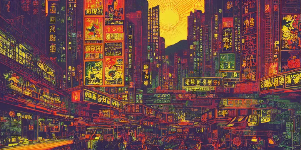 Prompt: artwork of hong kong by dan mumford and toshi yoshida and peter doig, vintage scifi, highly detailed, dramatic lighting, 8 k