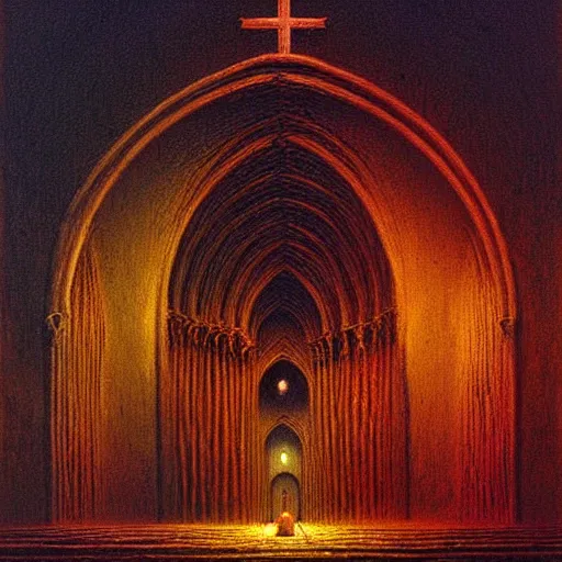 Image similar to a holy snail stands in a cathedral painting by beksinski, barlowe colors. masterpiece painting