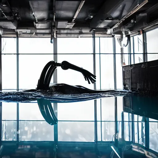Prompt: a long shot photo of a human half way submerged into a huge reflective pool of molten wax by a robotic arm, Underexposed, soft lighting, Nikon D810, ƒ/2.5, focal length: 85.0 mm, exposure time: 1/800, ISO: 200