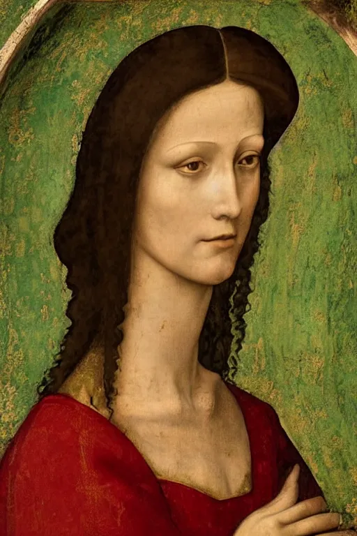 Prompt: a fresco of a renaissance Portrait of slim shapely pale young queen jezebel wearing gilded red robes, long black hair, green eyes, painted by Leonardo da Vinci