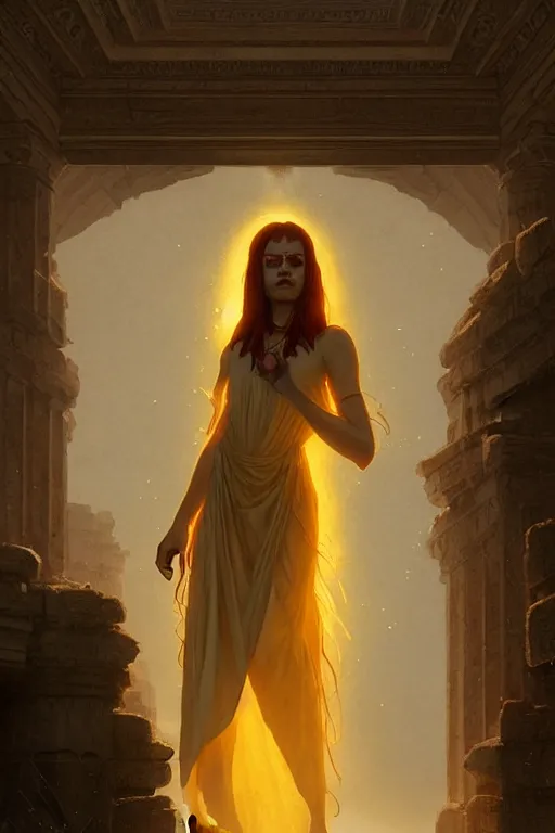 Image similar to possessed woman wearing an ancient greek tunic made of yellow paper, stephen bliss, unreal engine, fantasy art by greg rutkowski, rhads, ferdinand knab, makoto shinkai and lois van baarle, ilya kuvshinov, rossdraws, tom bagshaw, global illumination, radiant light, ancient greek temple ruins, red and blue theme