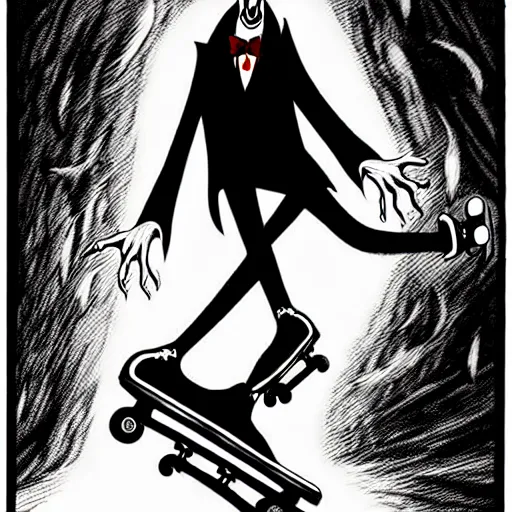 Image similar to black and white trippy comic art of dracula the vampire roller skating on roller skates, drawn by martin rowson, tim burton, studio ghibli, alex pardee, nekro petros afshar, james mcdermott, surrealist, cgsociety 4 k