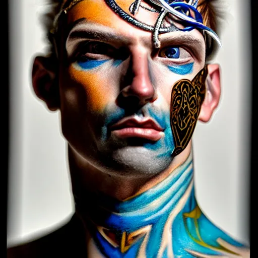 Image similar to an award finning closeup facial portrait by akseli kallen gallela luis rogyo and john howe of a bohemian male cyberpunk traveller clothed in excessivelyg fashionable 8 0 s haute couture fashion and wearing ornate art nouveau body paint