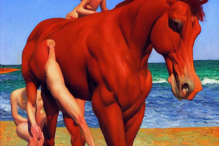 Image similar to the bathing the red horse by petrov vodkin, oil painting, digital painting, concept art, smooth, sharp focus, illustration by william - adolphe bouguerea