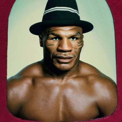 Prompt: vintage portrait of mike tyson wearing wizard hat