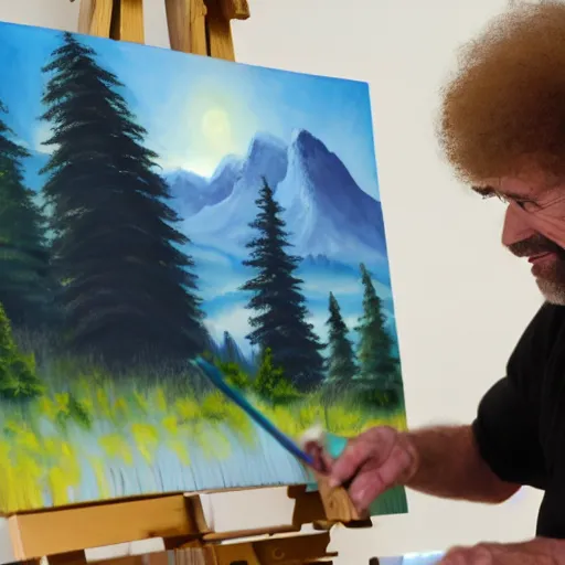 Image similar to a closeup photorealistic photograph of bob ross working on a canvas painting of cookie monster. film still. brightly lit scene. mountains and trees. this 4 k hd image is trending on artstation, featured on behance, well - rendered, extra crisp, features intricate detail, epic composition and the style of unreal engine.