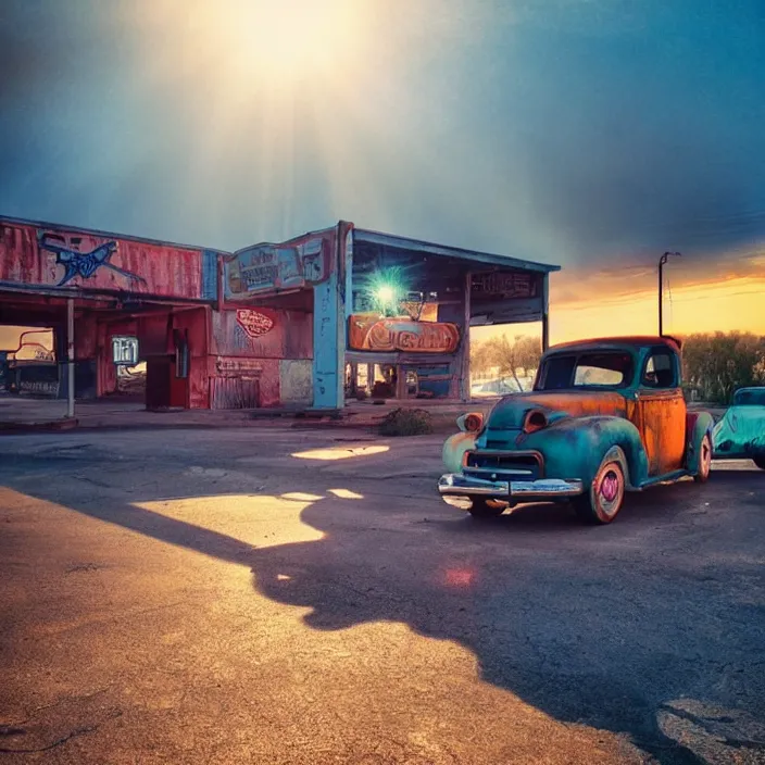 Image similar to a sunset light landscape with historical route 6 6, lots of sparkling details and sun ray ’ s, blinding backlight, smoke, volumetric lighting, colorful, octane, 3 5 mm, abandoned gas station, old rusty pickup - truck, beautiful epic colored reflections, very colorful heavenly, softlight