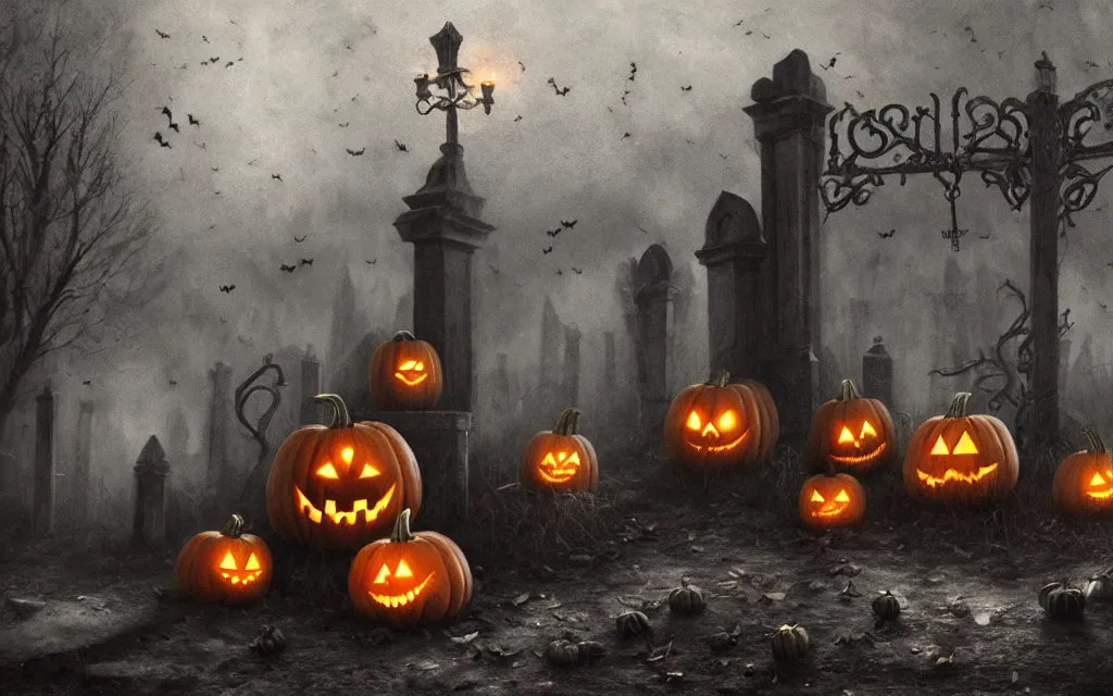Prompt: engraved halloween pumpkins with menacing expression, scattered in a graveyard at night, bats flying over tombstones, bare trees, iron railing, gloomy atmosphere, digital illustration, highly detailed, cinematic lighting, perfect composition, 4 k, artem demura