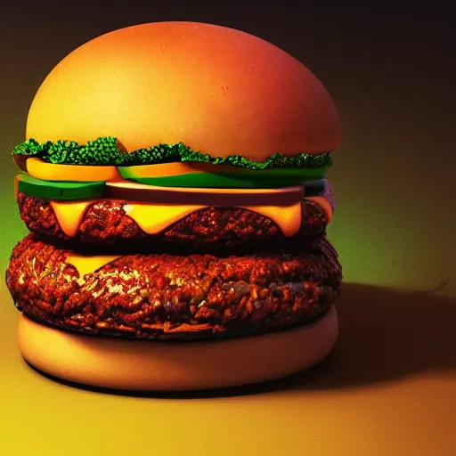 Image similar to trippy cheeseburger, highly detailed, warm colors, artstation, concept art, sharp focus, illustration, octane render, award winning, masterpiece, art by studio 4