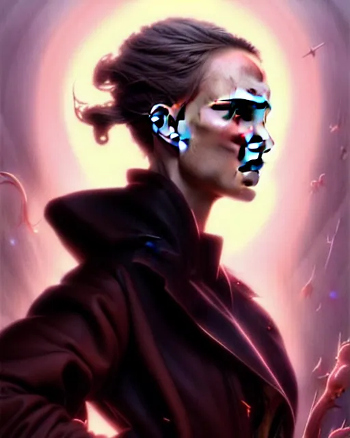 Image similar to beautiful fantasy character portrait, natalie portman, wearing oversized black trench coat, ultra realistic, wide angle, dramatic lighting, vultures, very seductive pose, cyberpunk artifacts, highly detailed by peter mohrbacher, hajime sorayama, wayne barlowe, boris vallejo, aaron horkey, gaston bussiere, craig mullins