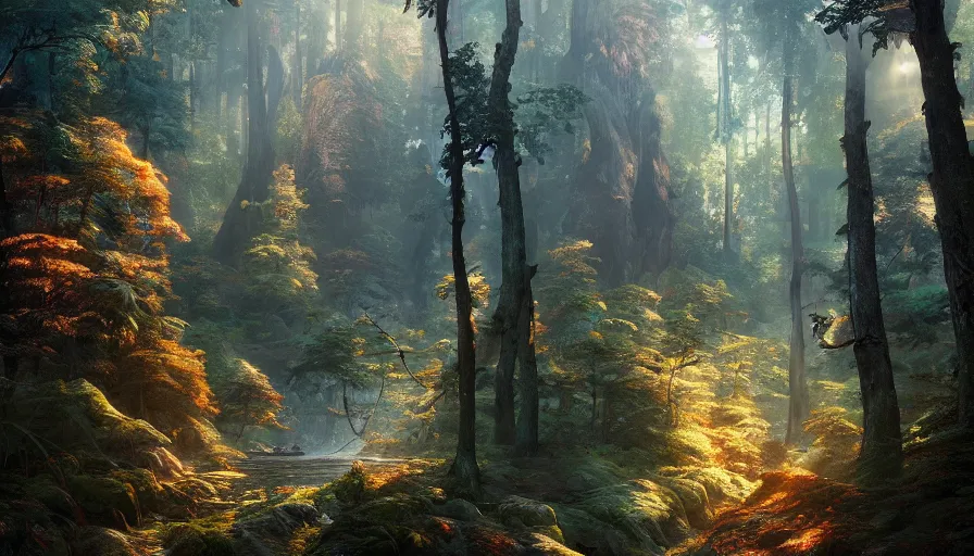 Prompt: A highly detailed matte painting of a dense forest by Mokoto Shinkai, breathtaking, beautiful composition, by Artgerm, by beeple, by Studio Ghibli, golden hour, volumetric lighting, octane render, detailed, oil painting, 4K resolution, trending on artstation