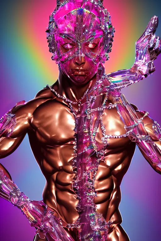 Prompt: hyper detailed ultra sharp fullbody photo of baroque and cyberpunk transparent pink gem sculpture of a muscular seductive muscular nick jonas feeling muy cachondo, muy dotado, iridescent humanoid deity wearing pink plastic seethrough cloak, holding a rainbow tiger gem, blue diamond, glowing pink face, crown of white diamonds, cinematic lighting, photorealistic, octane render 8 k