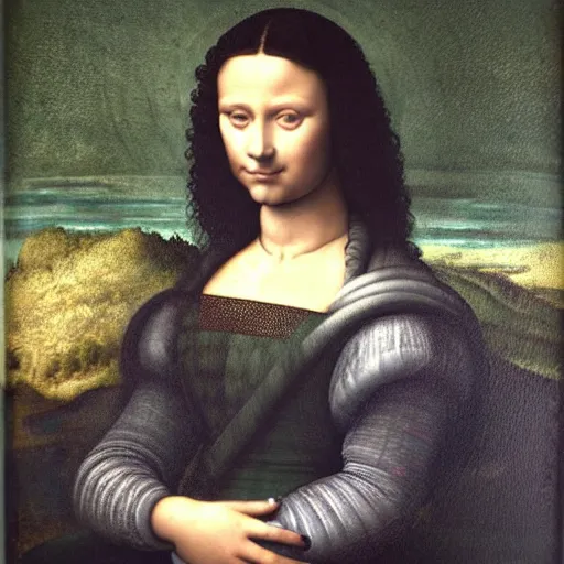 Image similar to young woman from the year 1 5 0 0, seated in front of a landscape background, her black hair is curly, she wears a dark green dress pleated in the front with yellow sleeves, puts her right hand on her left hand, and smiles slightly, oil painting in style of leonardo da vinci