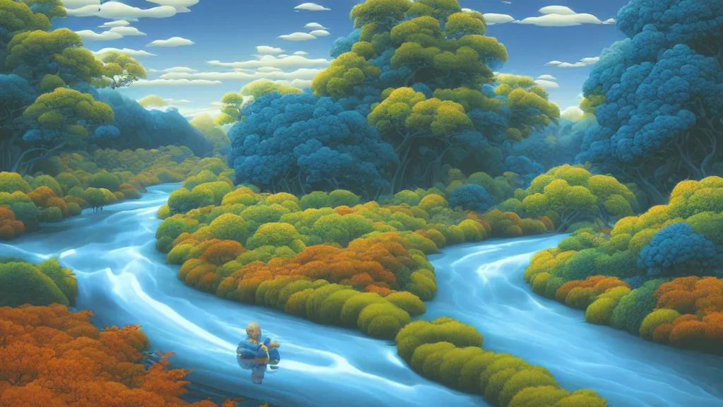 Image similar to digital painting of a lush river valley by gerald brom. blue river. autumn day. chiho aoshima. digital render. detailed. beautiful landscape.
