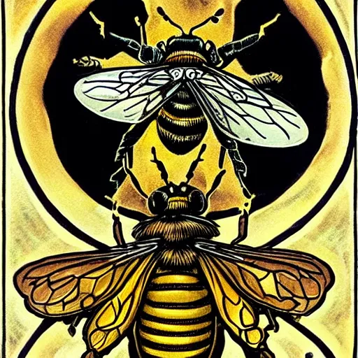 Image similar to a fierce dead bee in the middle of a bloody bullseye at the center of the crosshairs of a gun, art nouveau, fantasy illustration, tarot