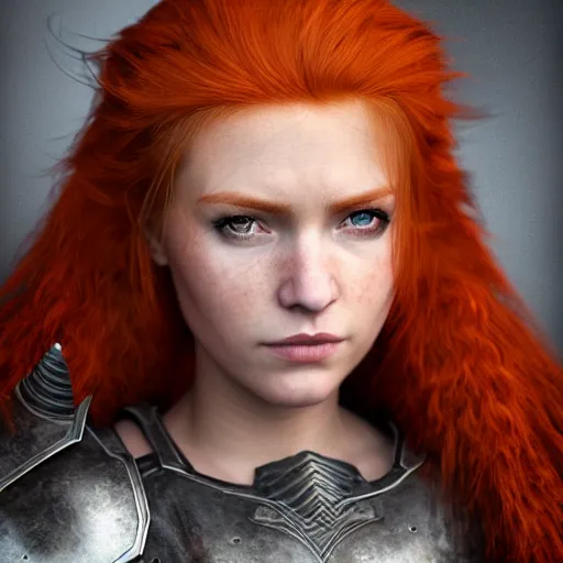 Image similar to north female warrior, red hair, ginger hair, fantasy, high detailed, full body, photography, cloudy, lightweight armor, Scandinavia, plain, Authentic, detailed face, cute face, professional photographer, 8k 3D