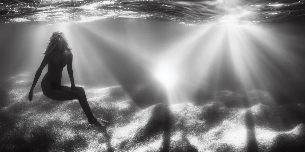 Image similar to female model in deep trench , swimming toward the sun rays and caustics, film , cinematic, black and white underwater photography