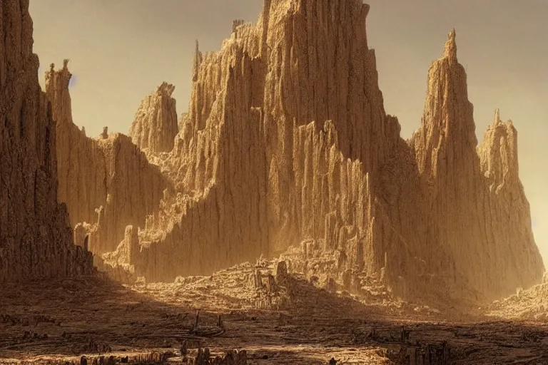 Image similar to intricate, 3 d, endless wastes vast desert abandoned buildings, style by caspar david friedrich and wayne barlowe and ted nasmith