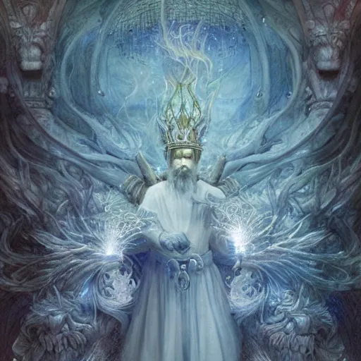 Prompt: ancienct, wise, [ forgetful ], quirky king of faes ( with long, white beard, and celestial crown ), fantasy, whimsical, broad light, light caustics effect, botanical artwork, illustration by alan lee, ruan jia and michael komarck, trending on pinterest. com