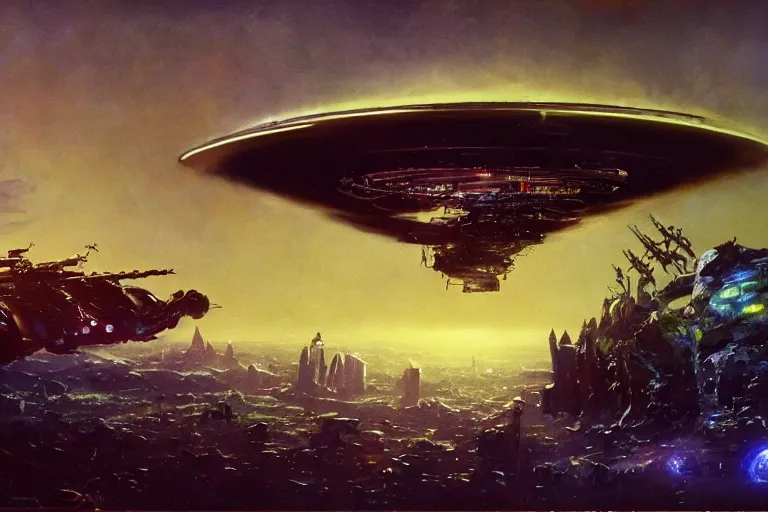 Image similar to a black alien spaceship descending on earth, weird angles, cinematic, shadows, 4 k, detailed, by john berkey!!!!!! and peter jackson and ridley scott and beeple!!! and greg rutowski