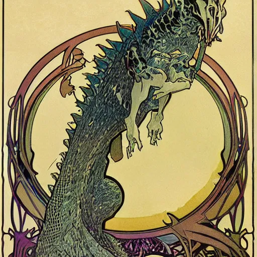 Image similar to art nouveau godzilla by alphonse mucha