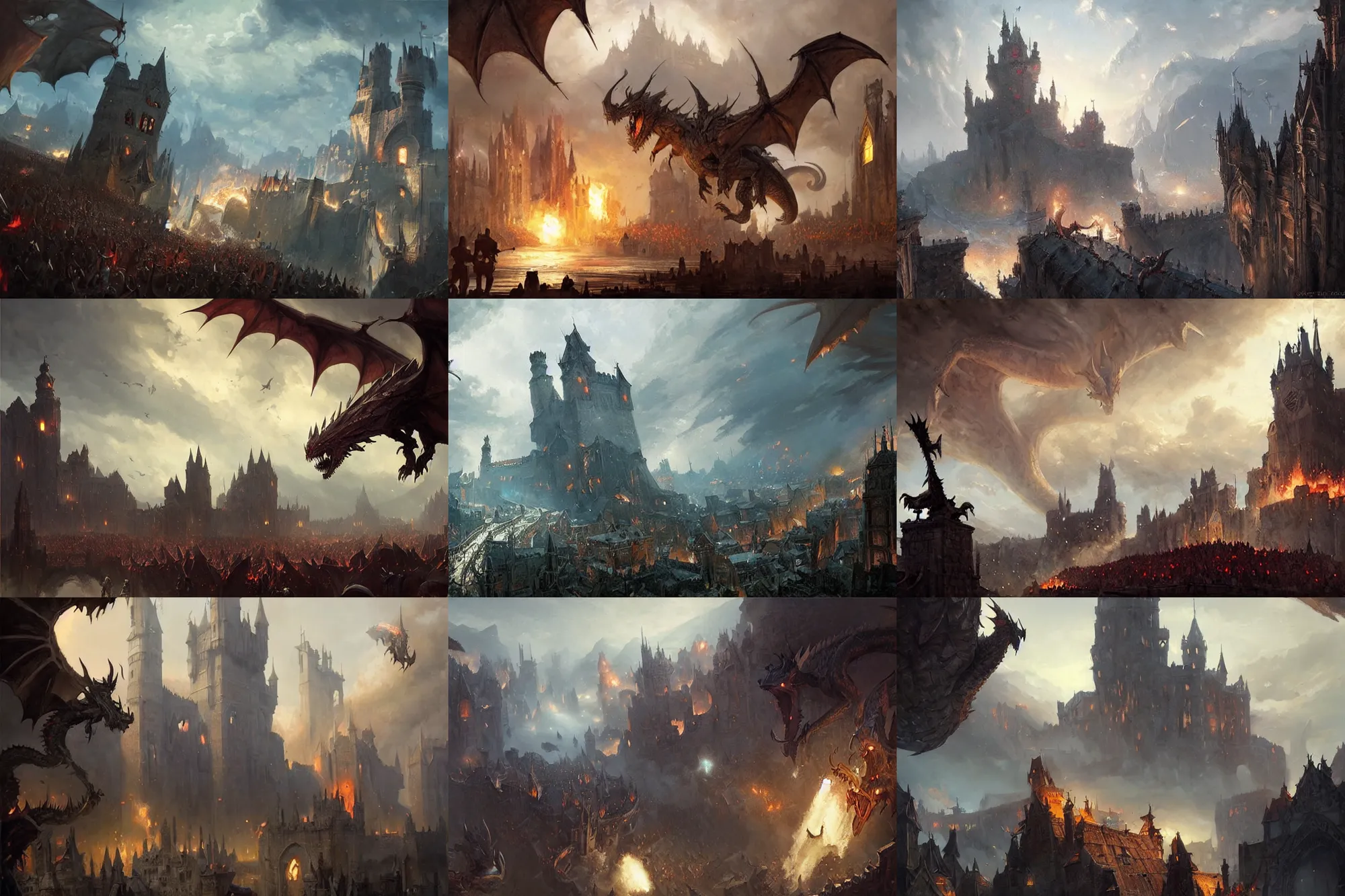Prompt: painting by greg rutkowski, dragons attack, epic, middle ages, fantasy, castle
