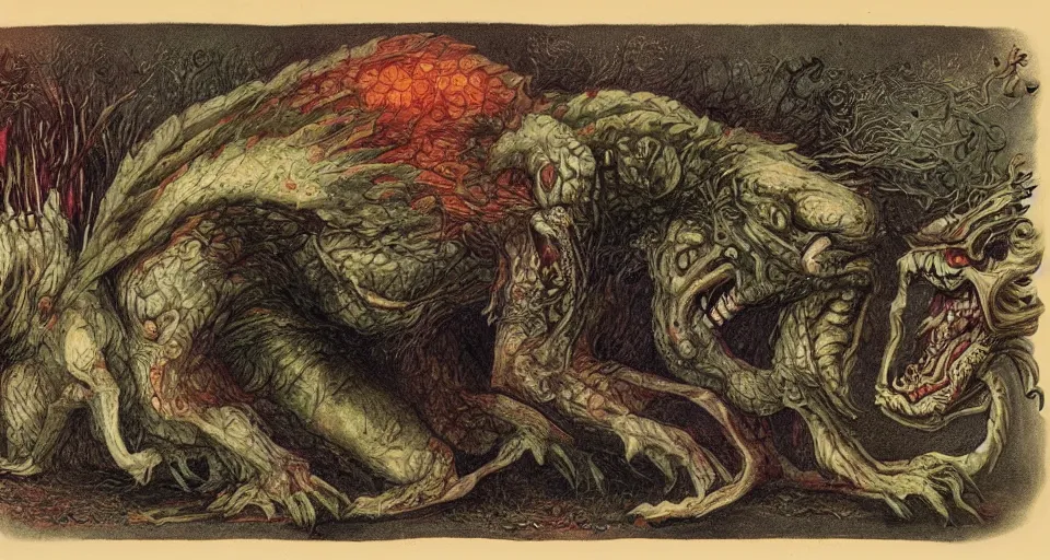 Image similar to bizarre bestiary of repressed unconscious emotional monsters and creatures