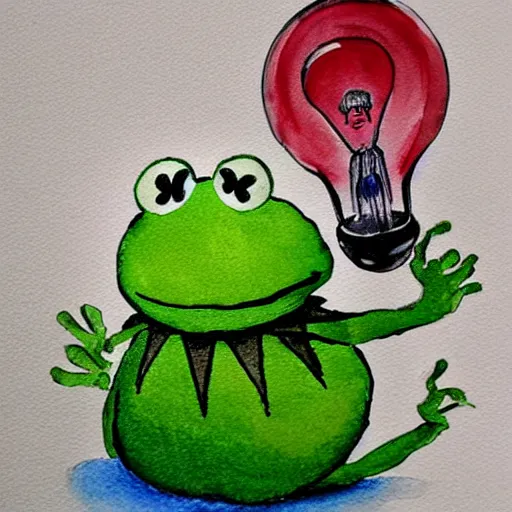 Image similar to Kermit the Frog trapped in a lightbulb, water color painting