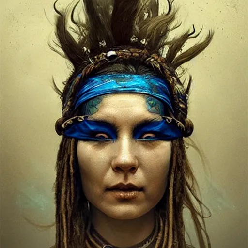 Image similar to A young blindfolded shaman woman with a decorated headband, in the style of heilung, blue hair dreadlocks and wood on her head, atmospheric lighting, intricate detail, cgsociety, ambient light, dynamic lighting, art by karol bak