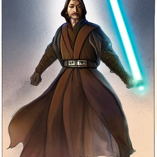 Prompt: a bittersweet depiction of the character as a jedi, with a characteristic item of clothing, using a medieval european style, featuring a limited color palette by doug chiang