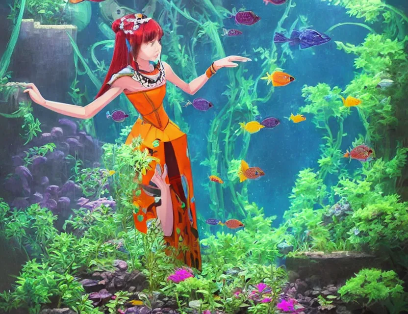 Prompt: aztec scifi princess in a planted aquarium, wearing a lovely dress. this oil painting by the award - winning mangaka has an interesting color scheme and impeccable lighting.