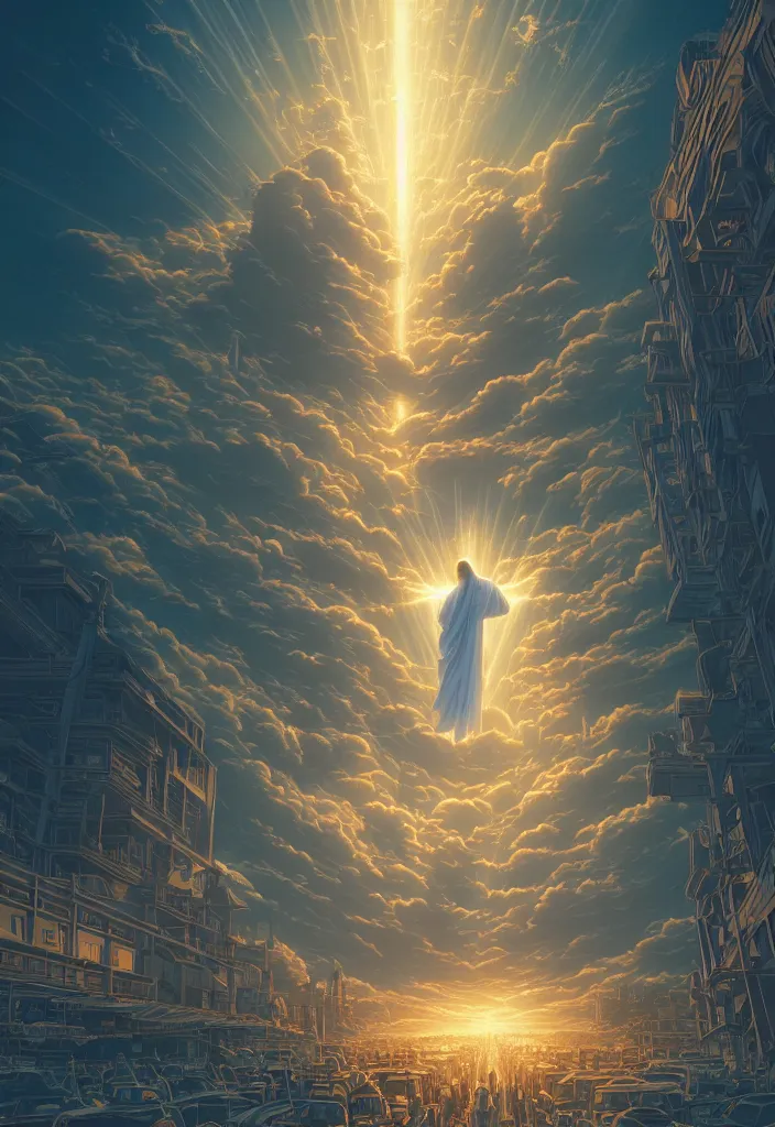 Image similar to the second coming of jesus by dan mumford, yusuke murata, makoto shinkai, ross tran, cosmic, heavenly, god rays, intricate detail, cinematic, 8 k, cel shaded, unreal engine, featured on artstation, pixiv