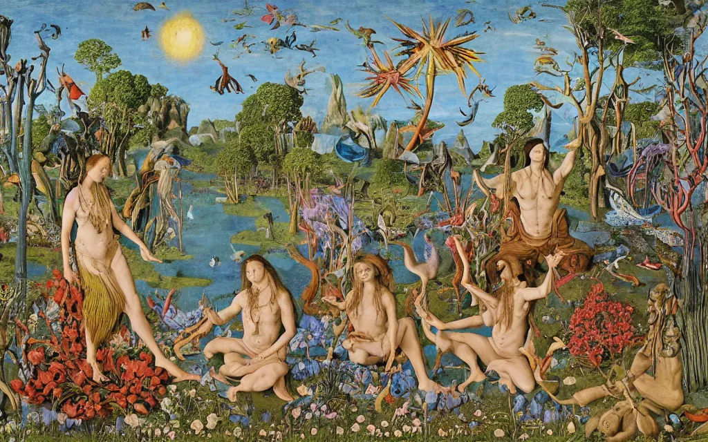 Image similar to a photograph of a meditating centaur shaman and a flayed mermaid feeding birds at a wide river delta. surrounded by bulbous flowers, animals and a few trees. cliffs under a blue sky of burning stars. painted by jan van eyck, max ernst, ernst haeckel, ernst fuchs and artgerm, trending on cgsociety, psychedelic patterns