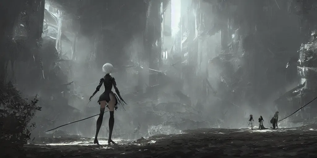 Image similar to an environmental concept art of nier automata, highly detailed, 2 b, environmental light, cinematic by francis tneh