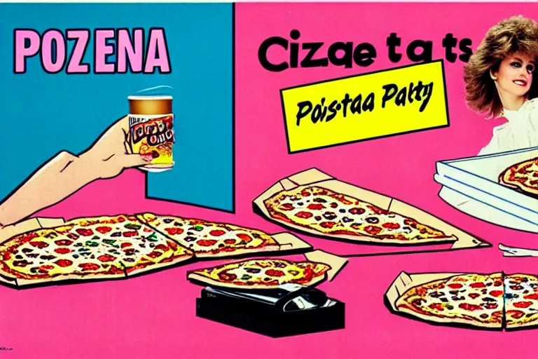 Image similar to 80s, cocaine, pizza, party, advertisement