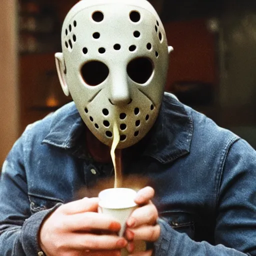 Image similar to photograph of jason voorhees having a coffee at an european caffé